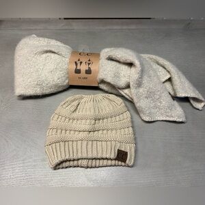 C.C Soft Stretch Messy Bun Ponytail Beanie And C.C Mixed Color Boucle Scarf Set